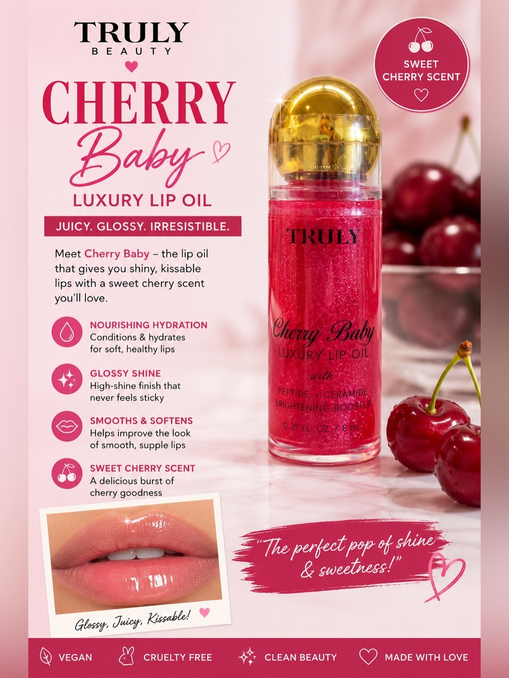 TRULY Cherry Baby Luxury Lip Oil - Shimmering Red Pink